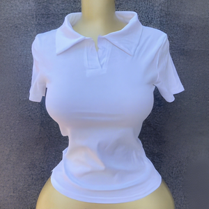 Camiseta de Manga Corta con Cuello Polo para Mujer, Tejida en Algodón, Color Sólido, Transpirable, Estilo Preppy, Corte Ajustado, para Primavera/Verano - Product Image 5
