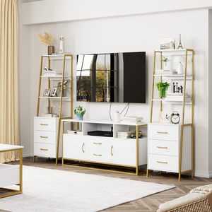 Living Room Entryway Office <strong>White</strong> Gold 3 Wooden Drawers Modern Ladder Book Shelf Storage Organizer Bookshelf <strong>Tall</strong> <strong>Bookcase</strong> - Product Image 4