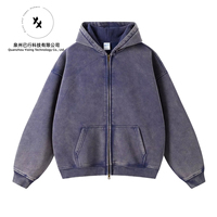 Hoodie Fleece polos berlapis ganda, kualitas tinggi, dengan logo custom, gaya streetwear vintage, efek acid wash, warna pudar, dan saku distressed.