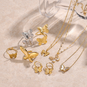 Ensemble de bijoux papillon en acier inoxydable plaqué or, collier, boucles d'oreilles, bagues, accessoires de mode, bijoux pour femmes - Product Image 1