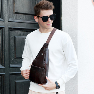 Genuine Leather Chest <b>Bag</b> For Men Brown Solid Color Large Capacity Retro Style Leisure Travel - Product Image 2