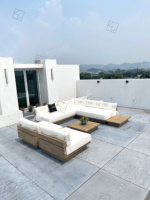 2025 personnalisé moderne teck extérieur canapé ensemble luxe Villa hôtels Patio jardin meubles tissu matériel pour salon salle à manger