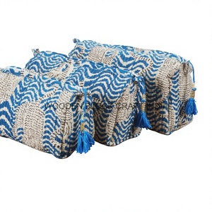 Handmade Vintage Fashion Cotton Quilted Makeup <b>Bag</b> Set Women's Lady Digital Blue <b>White</b> Printed Pouch Indian 3-Piece Cosmetic - Product Image 1