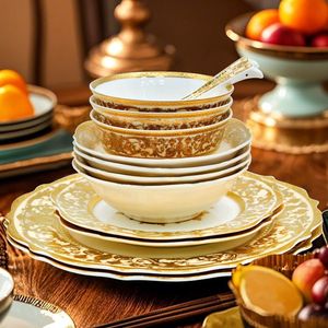 Entry-Luxury Gold European-Style Palace Ceramic Tableware Dinnerware <b>Sets</b> Rice Bowls Soup Bowls Fruit Bowls Afternoon <b>Tea</b> - Product Image 2
