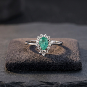 Luxury Natural <b>Emerald</b> Pear Cut Prong Set <b>Ring</b> Rhodium Plated Fine Jewelry For Women May Birthstone Wholesale - Product Image 1