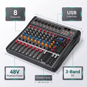 Console de mixage PA compacte 8 canaux avec indicateur de niveau LED, sortie AUX, lecteur USB pour système de sonorisation scolaire et d'église - Product Image 4