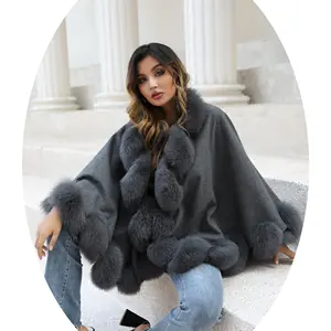 Factory Price Black Gray Blue Red Fashion Fox Fur Cape Winter Wool And Fox Fur Trim Cape Soft Pashmina Shawls With Fur