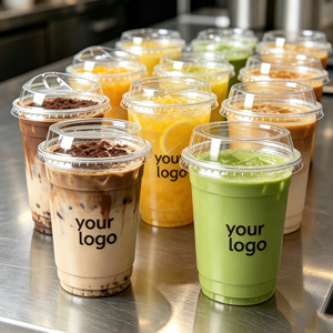 Gobelets jetables en PET transparent de 500 ml avec couvercles hauts de 98 mm de diamètre pour thé, café, jus, soda, avec logo personnalisé imprimé en sérigraphie - Product Image 1