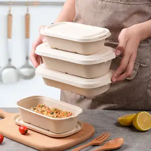 N500厂家供应甘蔗渣纤维碗饭盒餐厅一次性矩形外卖食品包装盒