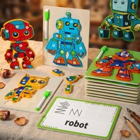 Jeu éducatif 2-en-1 pour l'apprentissage précoce : Puzzle robot DIY et tableau blanc de dessin en bois