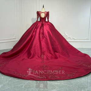 XS245 Robe de soirée moderne bordeaux à manches longues en satin, ornée de perles, de dentelle florale, d'applications de cristaux et de broderies, coupe princesse avec traîne chapelle - Product Image 5