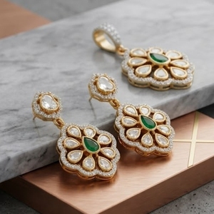 Elegant 925 Silver <b>Emerald</b> Kundan Polki Pear Cut Crystal Rhinestone <b>Pendant</b> Set with Earrings Gold Traditional Bridal Jewelry - Product Image 1
