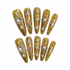 เล็บปลอมทรงอัลมอนด์แบบเต็มเล็บ ประดับเพชรและมุก ทำมือ พร้อมกาวติด - Product Image 2