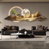 Art mural en acrylique gravé avec un paysage de montagne moderne et luxueux, LED avec horloge, tableaux suspendus pour la décoration murale de la maison et de l'hôtel
