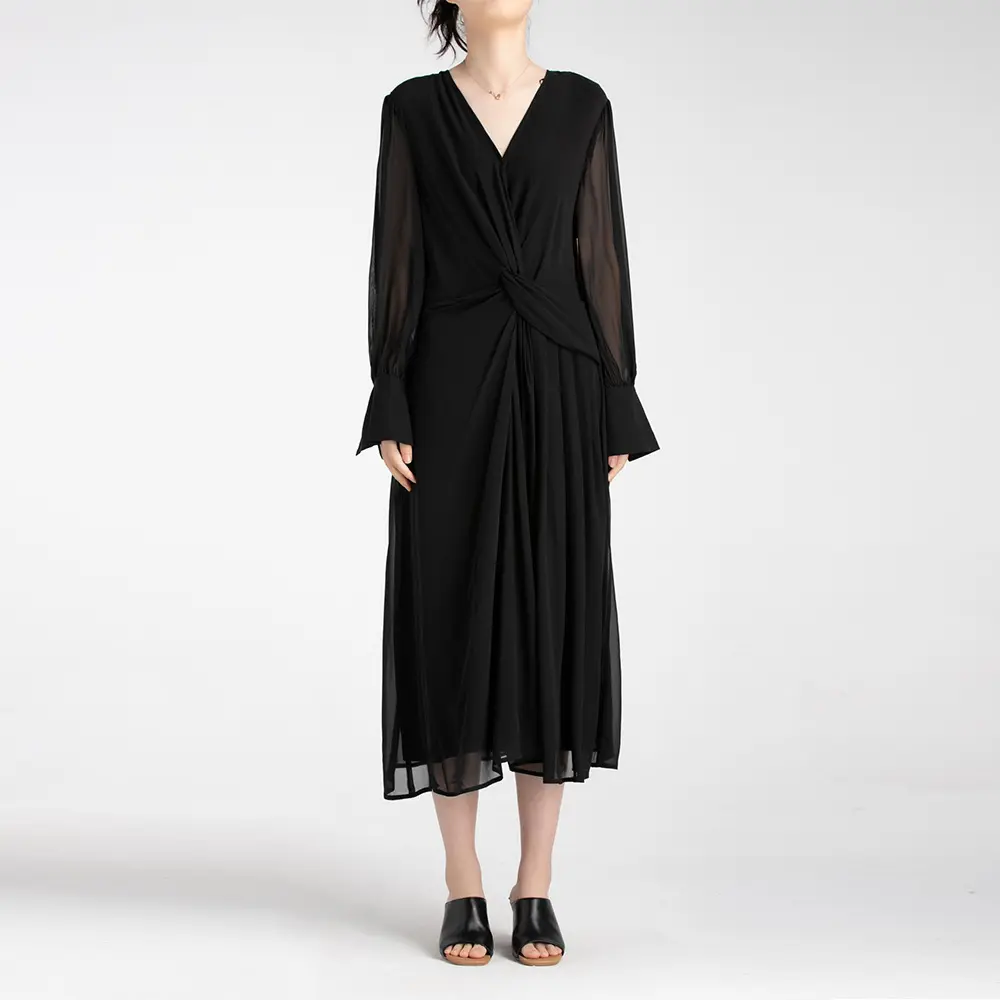 2023 New Black V-neck Waist Cross Long Sleeve Dress