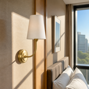 Factory OEM In Stock Ready to Ship American Copper Iron Wall Sconce Lamp Handmade Fabric <b>Shade</b> <b>for</b> Hotel <b>Bedroom</b> Living Decor - Product Image 3