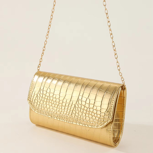 Sac de soirée élégant et étanche pour femme, motif crocodile doré, de luxe, avec chaîne, bandoulière, pochette enveloppe, par Bell - Product Image 1