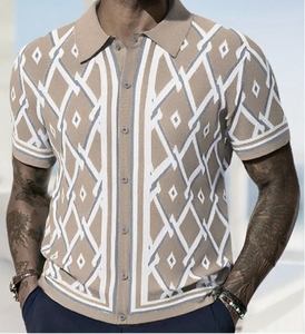 Polo de Punto con Patrón de Diamantes para Hombre, Estilo Europeo y Americano, Nuevo Cárdigan de Manga Corta de Punto Jacquard para Verano, Camisetas para Hombre - Product Image 3