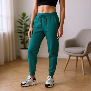 Pantalon de jogging évasé pour femme Joelle, vert émeraude, en toile, taille élastique, respirant, longueur cheville, idéal printemps et bureau - Product Image 2
