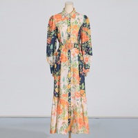 Robe longue imprimée personnalisée nouvelle robe florale revers manches lanterne conception contrastée vacances loisirs Style respirant avec ceinture