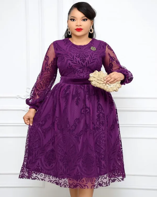 New Arrivals Fashion Flocking Print Plus Size S-5XL Women Retro Casual Dress O-Neck Purple Lace Modest Long Dress