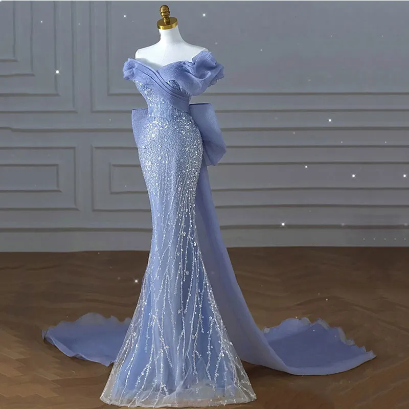 Vestidos sereia frisada azul Elegante Prom Banquete Evening Dresses Vestidos casamento para dama de honra