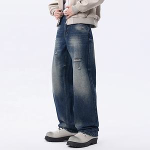 جينز رجالي مستقيم أزرق عتيق الطراز عالي الجودة من الدنيم المزخرف بالورود للشتاء والخريف قابل للتنفس ومقاوم للرياح - Product Image 3