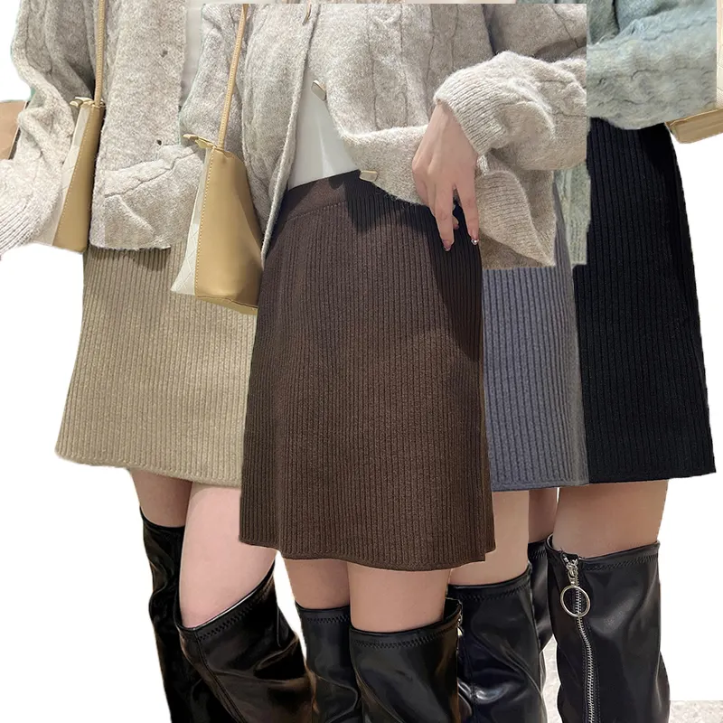 Femmes hiver automne une ligne pull en tricot jupe tricotée taille haute au-dessus du genou longueur jupes moulantes hanches enveloppé pour le travail décontracté