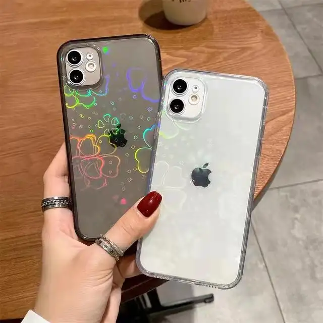 2022 New design Fashion Clear Gradient Laser Glitter Bling Love Heart Leaf Pattern phone Case For iPhone 13 Clear Cover