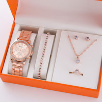 Magnifique Ensemble Scintillant 5 Pièces Montres à Bracelet en Acier pour Femme, Collier et Boucles d'Oreilles, Montres à Quartz pour Dames