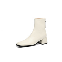 Sepatu Bot Kulit Sapi Asli Model Square Toe dengan Ritsleting di Pergelangan Kaki, Hak Tebal 5cm, Gaya Musim Dingin dan Gugur