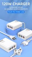 Support de charge super rapide 120W avec 7 ports (4 Type C + 3 USB) - Hub de charge USB-C 120W - Prise de charge pour téléphone portable - Câble d'extension