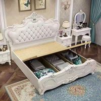 Lit en bois vintage européen de style villa, taille King, avec rangement, pour chambre à coucher américaine