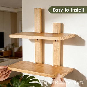 Wooden <b>Wall</b> Shelf 2 Tier Solid Wood <b>Hanging</b> Bookshelf For Living Room <b>Storage</b> Rack With Books And Decor - Product Image 4