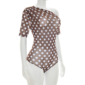 Viviblook J26BS139 Women Summer <b>Bodysuit</b> New Sexy Polka Dot Mesh <b>Sheer</b> Off Shoulder Asymmetry Short Sleeved <b>Bodysuit</b> - Product Image 3