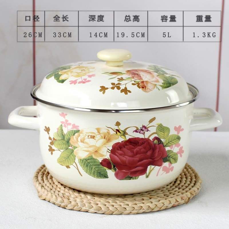 Vasque émaillée à motif rose, 26 cm, avec double poignée.