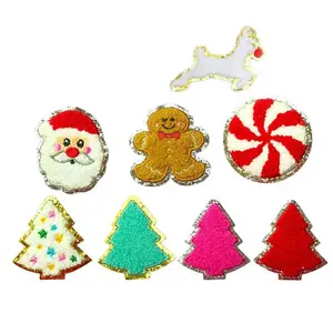 Top quality Christmas Tree Chenille Patch, Santa Claus Patches,Glitter Embroidered Patch for clothing Accept custom patch design