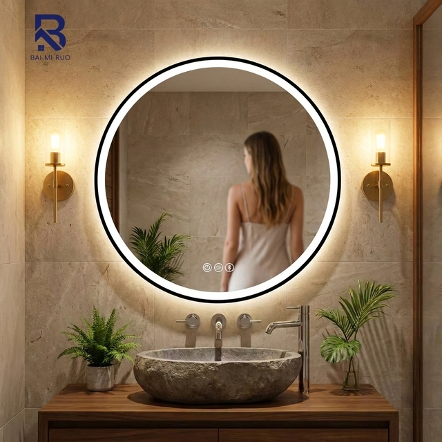 Smart Round LED Bathroom Mirror for Southeast Asia Market Anti-fog Backlit Mirror with Touchless Hand Scan for Hotel Project