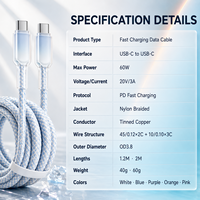 Kabel Data Pengisian Cepat USB Type-C 3A 60W 1.2M 2M C to C, 48 Anyaman Nilon, PD untuk Ponsel, Laptop, Komputer, Siap Grosir