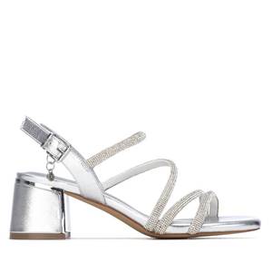Sandales à talons pour femme Xti, argentées, talon de 6 cm, taille 37, design à lanières - Product Image 1