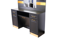 Station de Barbier Moderne de Luxe en Panneaux de Bois avec Coiffeuse Noire et Or Métallisé, Miroir Éclairé Inclus pour Usage Hôtelier