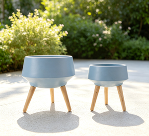 Modern Ceramic Flower Pots With <b>Wooden</b> Legs Marble Pattern Outdoor <b>Garden</b> <b>Planters</b> Minimalist Design Glazed Finish - Product Image 3