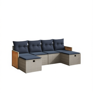 Ensemble de canapés de patio en polyrotin gris avec coussins, 6 places, mobilier de jardin extérieur, design contemporain, structure en teck - Product Image 1