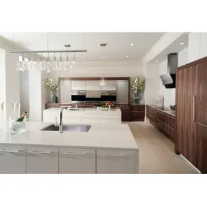 Modern L şeklinde mutfak çift mutfak adası oturma beyaz lake özelleştirilmiş mutfak dolapları