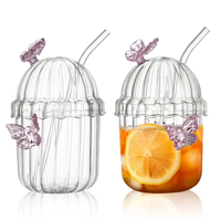 Tasse en verre papillon avec paille en verre et couvercle en verre à haute teneur en borosilicate pour jus de fruits, café, eau, cola et boisson