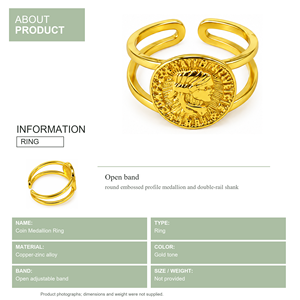 Vintage Gold Plated Cocktail <b>Ring</b> With Round Relief Medallion Double Rail Design Unisex Fashion Jewelry - Product Image 2