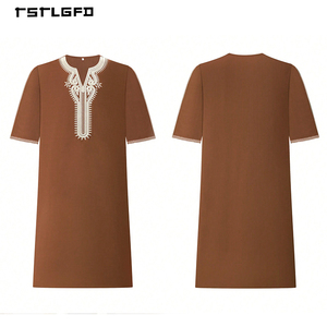 <b>Men</b> Camel Brown <b>Thobe</b> Ethnic Embroidery V-Neck Half Sleeve Loose Full-Length Moroccan Djellaba Islamic Modest Casual Robe - Product Image 4