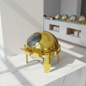 Elegante Scaldavivande Rotondo in Acciaio Inox Dorato <span class=keywords><strong>da</strong></span> 6L con Coperchio <span class=keywords><strong>a</strong></span> Rullo Visibile per Catering e Matrimoni - Product Image 6