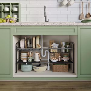 Rangement et supports en métal modernes sous l'armoire Organisateur de baguettes/cuillères avec support à casseroles et 7 étagères pour le salon - Product Image 1