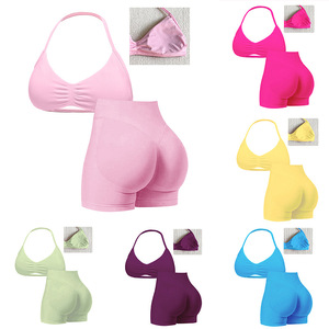Women Seamless 2 Piece Yoga Leggings Set High Waist Sports Bra Scrunch Shorts Quick Dry Fitness Activewear - Product Image 1
